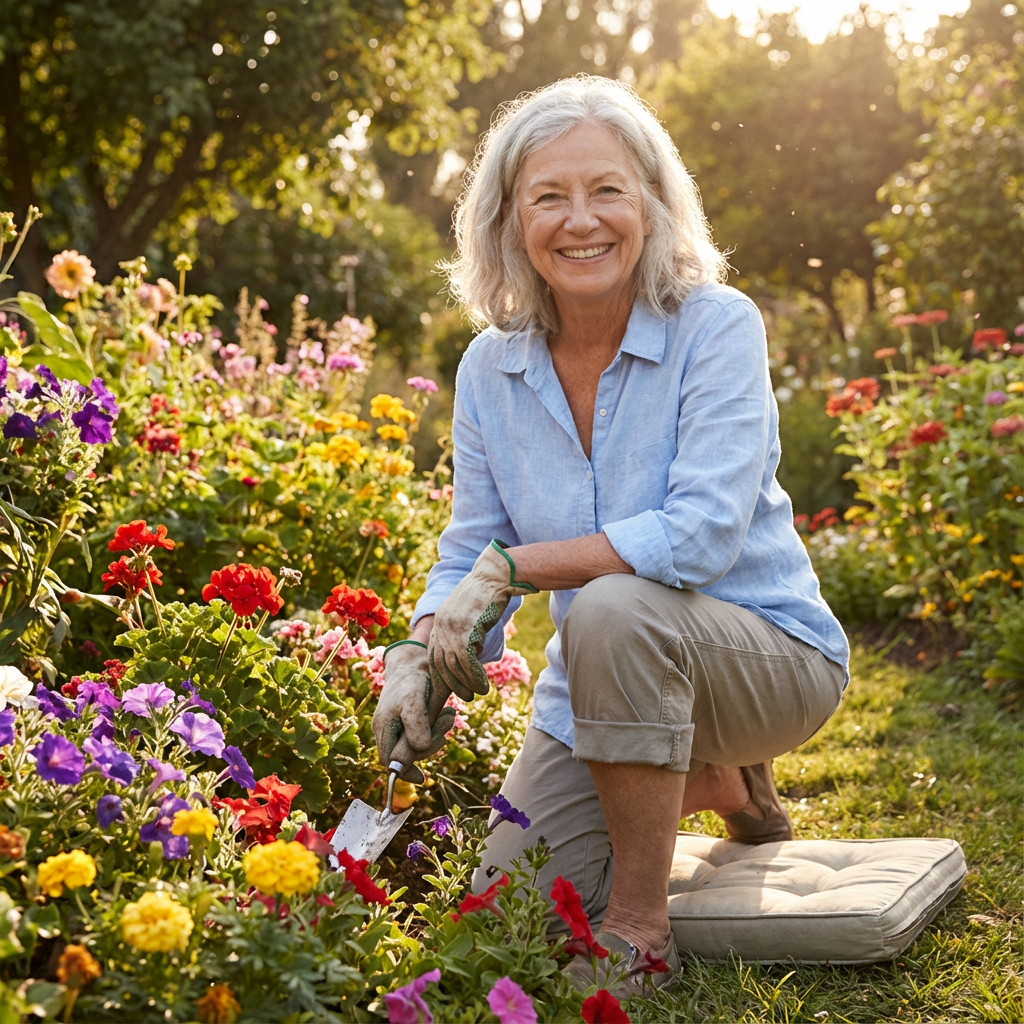 Senior woman enjoying gardening without pain