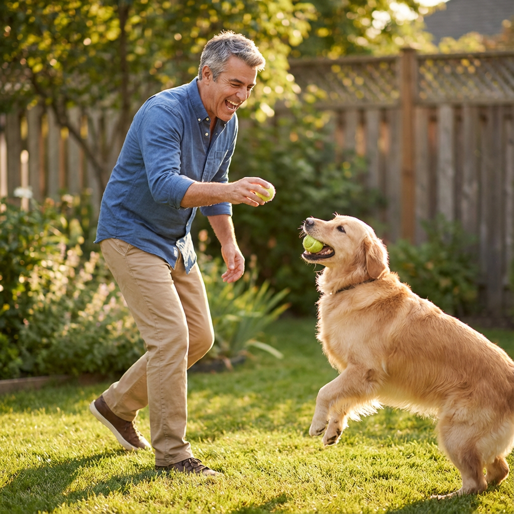 Professional enjoying active time with pet